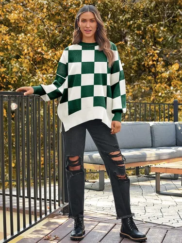 Vista 190 de Lillusory - Suéter extragrande con mangas de murciélago y cuello redondo para mujer, prenda moderna de otoño de tejido de punto sin botones