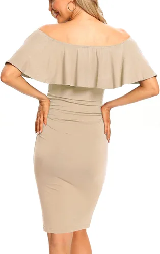 Vista 6 de Vestido de maternidad ajustado con volantes y hombros descubiertos, vestido de embarazo formal para baby showerfotografía
