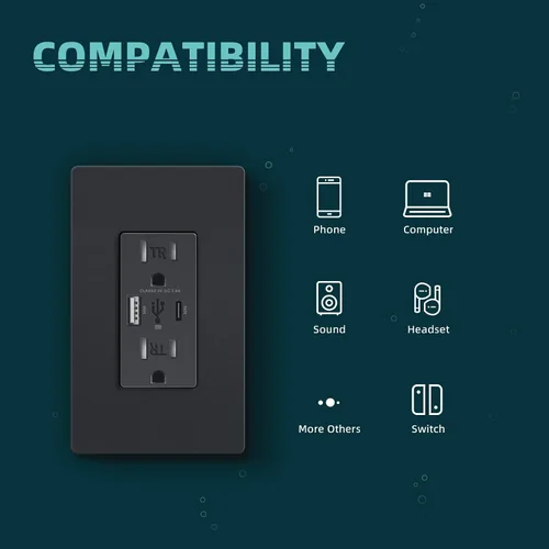 Vista 4 de TOPELER Toma de pared USB C, 30 W PD3.0 y tomas de corriente USB PPS, toma de corriente eléctrica resistente a manipulaciones de 15 amperios