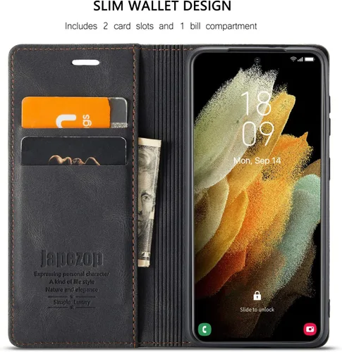 Vista 4 de Funda tipo cartera para Samsung Galaxy S21+ Plus 5G con bloqueo RFID, tarjetero y función atril magnético, funda de piel con tapa para Samsung Negro