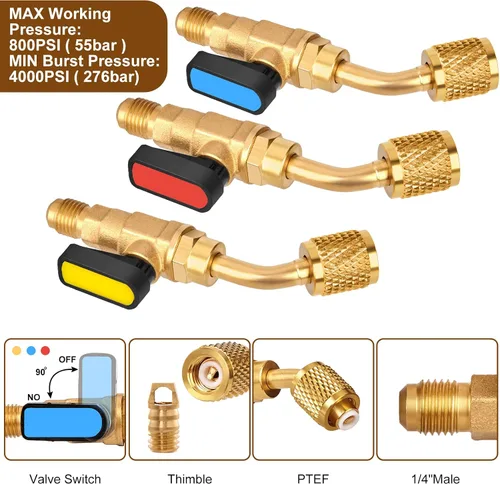 Vista 6 de WADEO 31 piezas de válvula de bola angular para refrigerante de aire acondicionado de 1/4 pulgada para refrigerante R410A R134A R12 R22