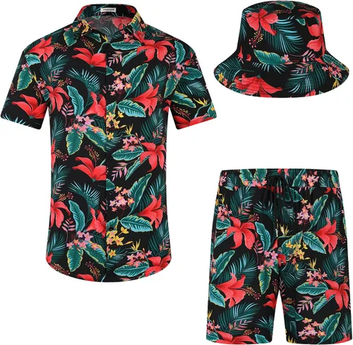 Vista 17 de EISHOPEER Conjunto hawaiano de flores para hombre, camisa de manga corta y pantalones cortos, trajes con sombreros de pescador