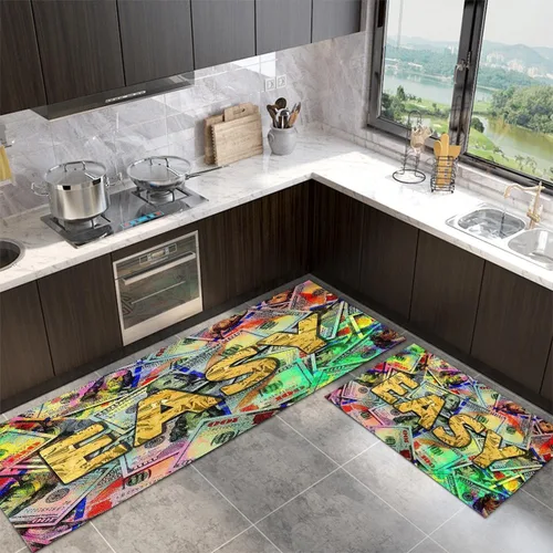 Vista 22 de GUBIYU Juego de 2 alfombras y tapetes de cocina color beige y dorado para billetes de 100 dólares, alfombra divertida y fresca para baño