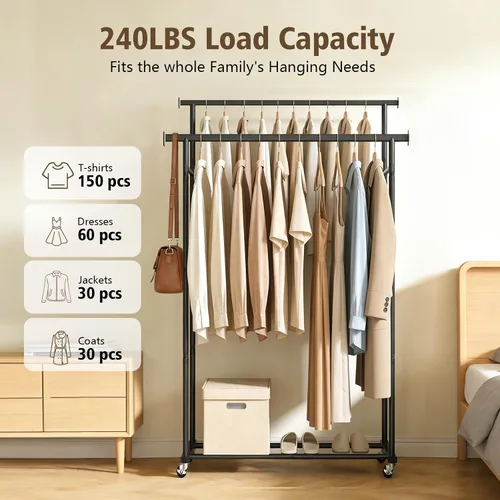 Vista 4 de Perchero de ropa con ruedas para colgar ropa, perchero resistente para ropa portátil, estante de metal para dormitorio, lavandería, sala de estar
