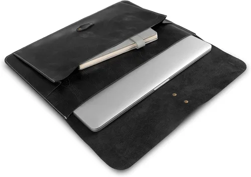 Vista 4 de Londo Funda de cuero de grano real para MacBook Pro y MacBook Air, bolsillo frontal y cierre de solapa, 14 pulgadas - 13 pulgadas