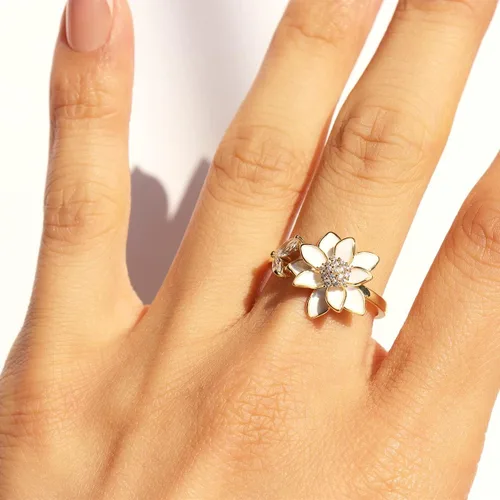 Vista 2 de Sonateomber Anillo de oro abierto ajustable con flores de primavera para mujer, moderno y elegante, con circonita cúbica única esmaltada frontal