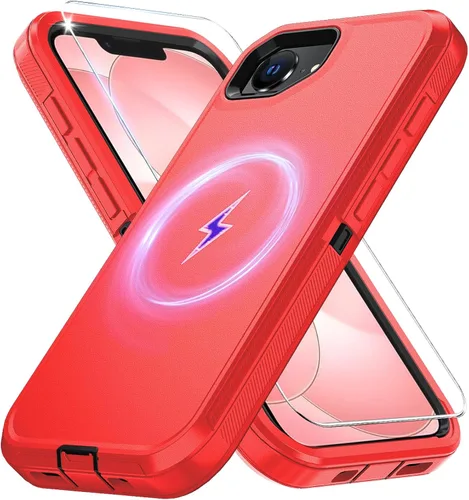Vista 24 de Funda magnética para iPhone 13/iPhone 14 [compatible con Magsafe] [protector de pantalla de vidrio] [protección de grado militar de doble capa] Negro