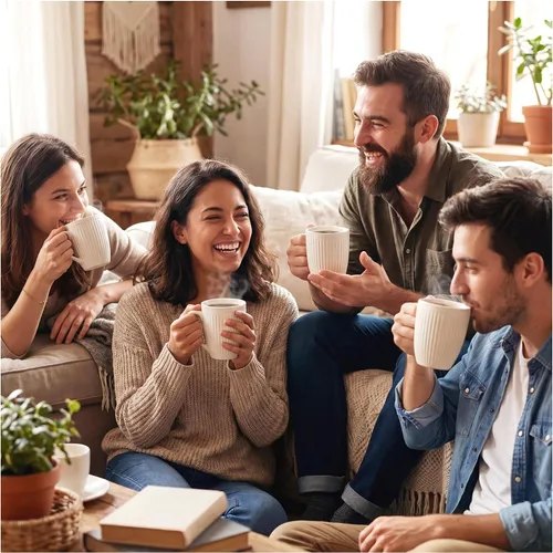 Vista 6 de Juego de tazas de café de cerámica blanca de 6 a 14 onzas con asa para café con leche, té caliente, capuchino, moca, cacao, microondas