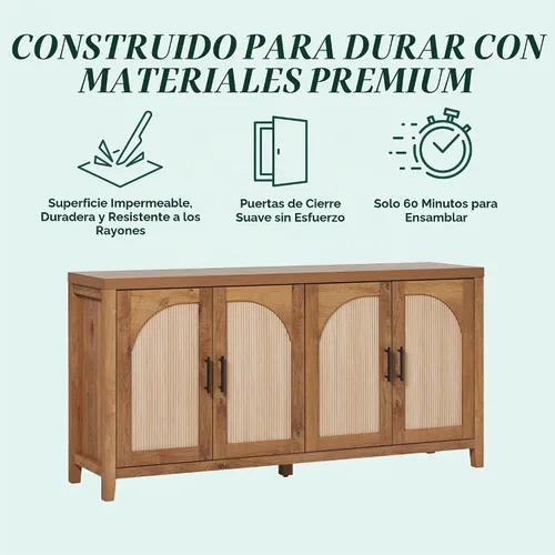 Vista 4 de Walker Edison Sasha - Aparador de 4 puertas con puerta de celosía y gestión de cables, 60 pulgadas, roble inglés