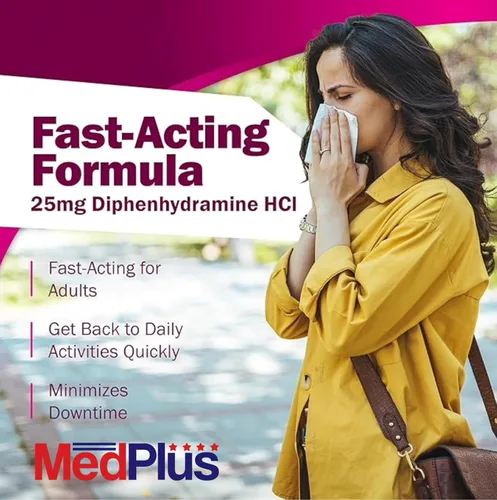 Vista 3 de MedPlus Medicina para aliviar la alergia, difenhidramina HCl 25 mg, 1000 tabletas, antihistamínico, alivio para alergias en interiores y exteriores