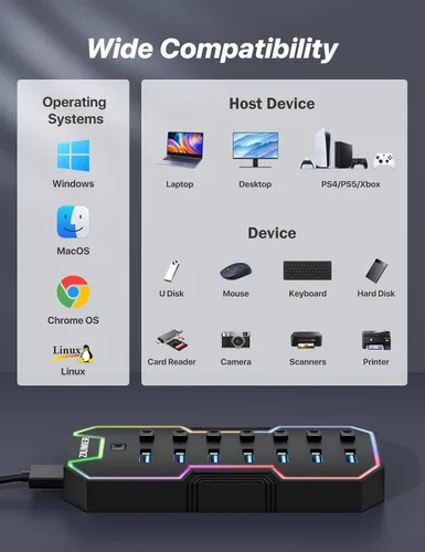 Vista 7 de ZIUMIER Hub USB 3.0, expansor USB de 7 puertos con tira LED RGB, concentrador USB para laptop, interruptores LED individuales de encendido/apagado