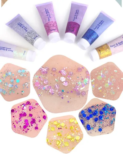 Vista 5 de Brillantina para la cara azul, traje de neón brillante, para fiesta, lentejuelas holográficas, maquillaje en gel con purpurina corporal (01# azul)
