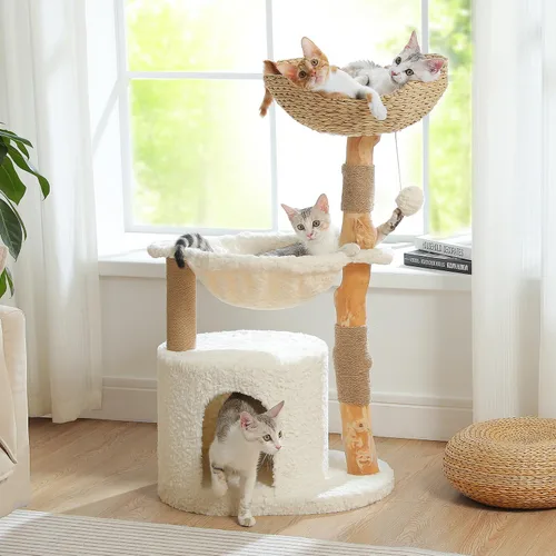Vista 11 de PAWZ Road Árbol moderno para gatos con poste rascador de madera maciza natural, torre para gatos de 40 pulgadas con cesta de mimbre grande, hamaca