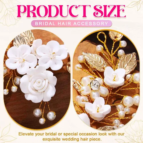 Vista 5 de Unicra Flor novia pelo vid perla pieza de pelo nupcial hoja accesorios para el pelo diadema de diamantes de imitación para mujeres y niñas (dorado)