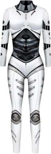 Vista 3 de Foksikely Womens Halloween Costume 3D Mechanical Robot Skeleton Print Cosplay Jumpsuit Romper Catsuit