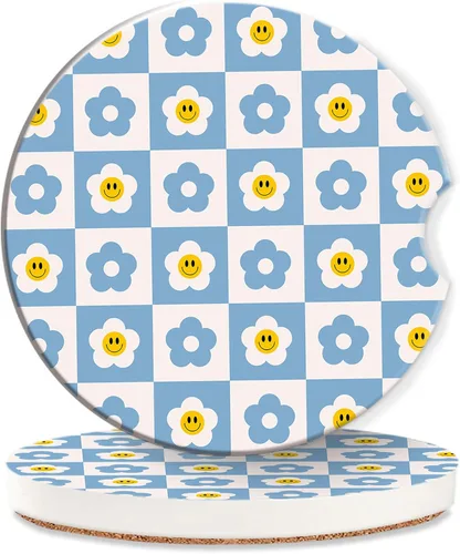 Vista 8 de Posavasos de automóvil de los años 70, diseño de hongos Groovy para mujer, paquete de 2, retro, fantasma, arco iris, absorbentes, para portavasos