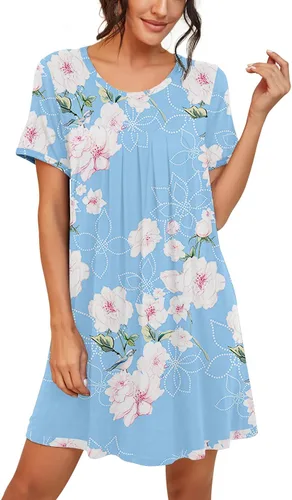 Vista 4 de PrinStory - Camisón de manga corta para mujer con plisado y cuello redondo