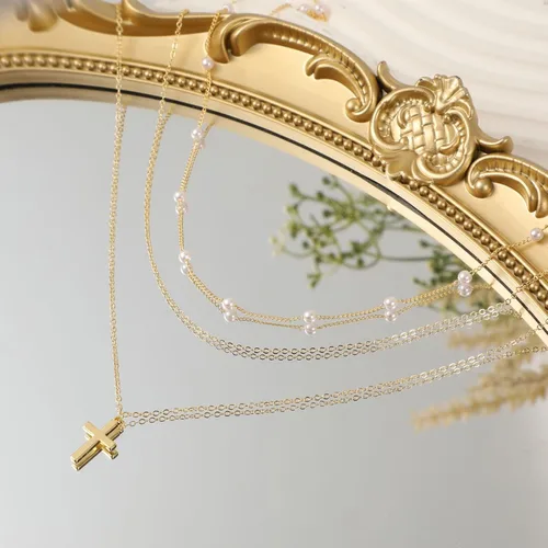 Vista 7 de ASCOMY Collares en capas para mujer, delicado collar de oro chapado en oro de 14 quilates, collar de espiga para mujer, collar de cruz de perlas
