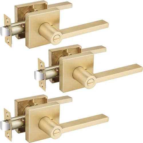 Vista 30 de EHOMEWARE Juego de manijas dobles para puerta delantera, paquete de 1 manija de puerta cuadrada de latón satinado, combinación de perilla de puerta