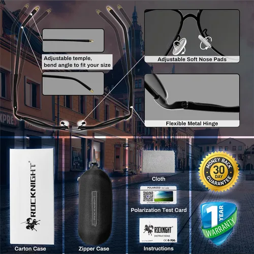 Vista 5 de ROCKNIGHT Lentes de sol polarizados estilo aviador para hombres y mujeres, lentes de sol con parte superior plana de metal, ligeras