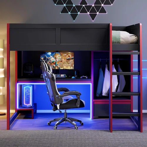 Vista 11 de KLMM Cama loft de madera creativa de tamaño individual con escritorio y estantes de almacenamiento múltiple, LED y un perchero para colgar ropa