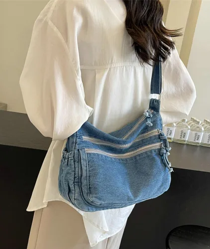 Vista 2 de Bolso de hombro grande retro para mujer de lona de denim, bolso cruzado de denim, bolso ligero informal, bolso de mano con asa superior