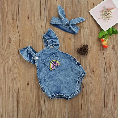 Vista 3 de Yoawdats Mameluco de mezclilla de Pascua para bebé niña, traje de mezclilla con manga de mosca + gorro, conjunto de regalo para bebé arcoíris