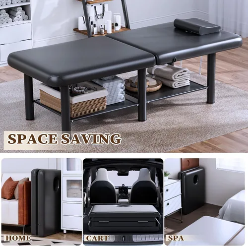 Vista 9 de Mesa de masaje plegable estacionaria, mesa de tratamiento con respaldo ajustable y gran espacio de almacenamiento, amplia mesa de masaje con marco