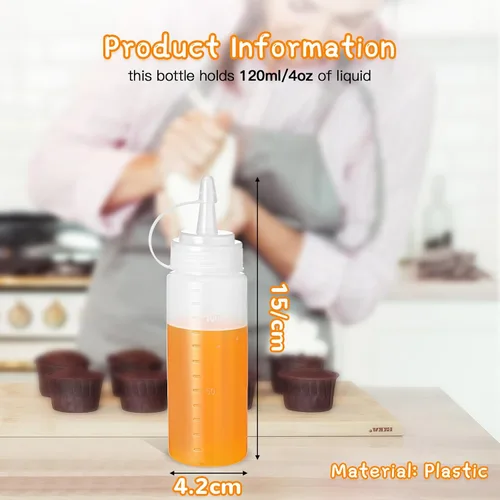 Vista 2 de 60 botellas de plástico de 4 onzas para apretar condimentos, botellas pequeñas para cocinar con tapas giratorias, botellas transparentes de salsa