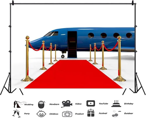 Vista 3 de AOFOTO Telón de fondo de alfombra roja para recogida en el aeropuerto, de 5 x 3 pies, pancarta dorada de lujo, puerta abierta, fondo de avión