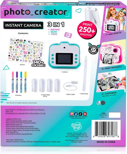 Vista 3 de Photo Creator - Cámara instantánea 3 en 1 para niños, color rosa; cámara, impresora instantánea y cabina de fotos con divertidos marcos y filtros