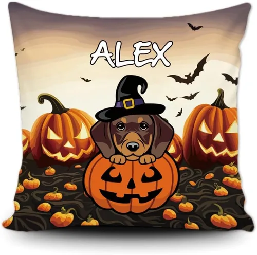 Vista 12 de Funda de almohada personalizada de Halloween, perro labrador con sombrero de bruja, calabaza, Halloween, cachorro, funda de cojín decorativa de lona