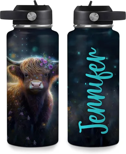 Vista 8 de Hyturtle Botella de agua personalizada de vaca Highland, botella de acero inoxidable aislada con tapa a prueba de fugas, 18 onzas, 32 onzas, regalo