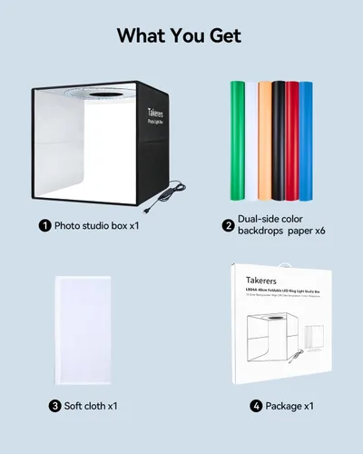 Vista 8 de Takerers Caja de Luz de Estudio Fotográfico de 12"x12"x12" con Cabina de Fotografía con 120 LEDs, 3000-5700K Ajustable, 6 Fondos de Colores, Carpas