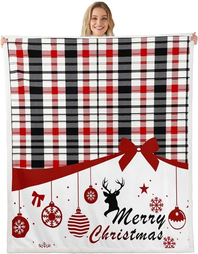 Vista 24 de Manta de cama Kawaii de Papá Noel, manta rústica de felpa con corona de Navidad para decoración rústica del hogar, manta de franela de flores rojas