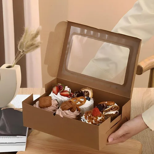 Vista 4 de 20 cajas de panadería marrones de 8 x 6 x 2.5 pulgadas con ventana, cajas de galletas para embalaje, cajas de golosinas para cupcakes, día de San