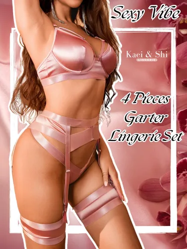 Vista 13 de Kaei&Shi - Lencería con liguero para mujer, conjunto de encaje traslúcido y sexy de 4 piezas combinadas
