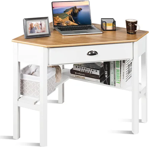 Vista 7 de KOTEK Escritorio esquinero con cajón y estantes, escritorio de madera para oficina en casa, escritorio de computadora triangular, escritorio de Negro
