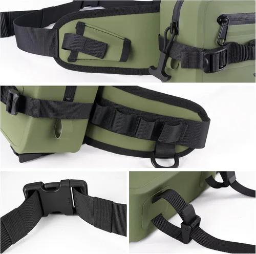 Vista 6 de thkfish Riñonera de pesca impermeable, bolsa de aparejos de pesca con correa ajustable, soporte para caña de pescar, cierre hermético de cremallera