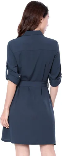 Vista 4 de Allegra K Vestido camisero con cuello y cinturón de safari con mangas enrollables para mujer, M