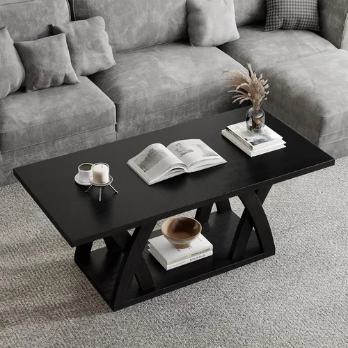 Vista 4 de FROMJBEST - Mesa de café de estilo rústico con estante, mesa de café moderna, mesa de café negra para sala de estar, mesas de sala de estar, 47" Gris