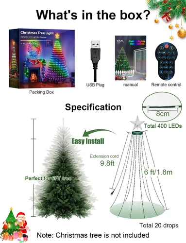 Vista 6 de Super RGB Luces inteligentes para árbol de Navidad de 6 pies, 400 LED, luces de árbol de Navidad que cambian de color con anillo y estrella