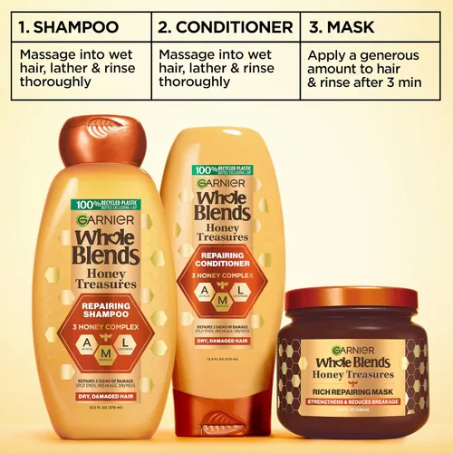 Vista 8 de Garnier Whole Blends Honey Treasures Máscara reparadora para cabello seco y dañado, 11.5 onzas líquidas, 2 unidades (el embalaje puede variar)