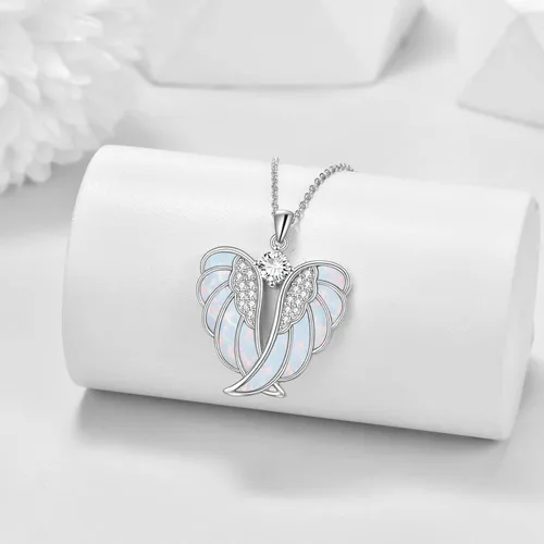 Vista 2 de YFN Collar de alas de ángel de plata de ley 925 con colgante de alas de ángel guardián collar de piedra natal para mujeres y niñas joyería de Navidad