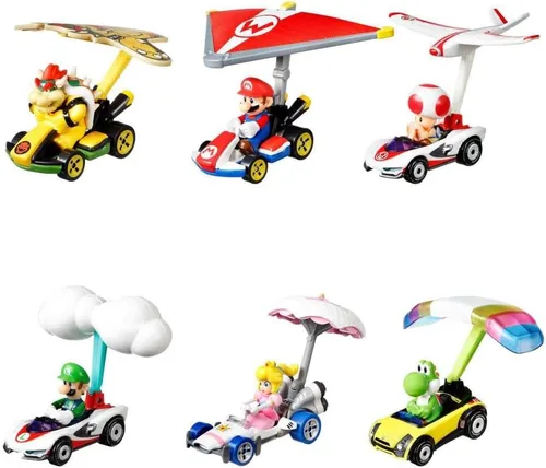 Vista 5 de Hot Wheels 1:64 Mario Kart - Yoshi en Kart Estándar con Parafoil Die Cast