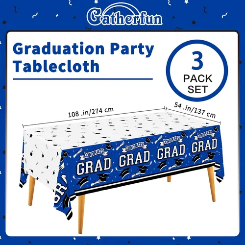 Vista 2 de Gatherfun Suministros para fiesta de graduación, mantel de graduación Gongrats para decoraciones de fiesta de graduación, 3 manteles azules