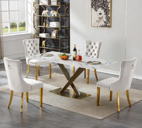 Vista 17 de Juego de 5 mesas de comedor, juego de mesa de cocina y comedor para 4, mesa de cocina rectangular de mármol sintético blanco de 47 pulgadas con base