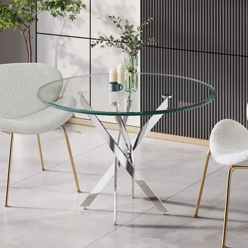 Vista 35 de Mesa de comedor redonda de 35.4 pulgadas para 4, moderna mesa de cocina de vidrio transparente para 4 personas con patas de metal dorado, mesas