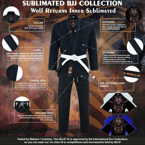 Vista 3 de Jaguar Pro Gear Wolf Returns Interior Sublimado Pro Brazilian Jiu Jitsu BJJ Kimono Gi Uniforme Unisex Cinturón blanco incluido