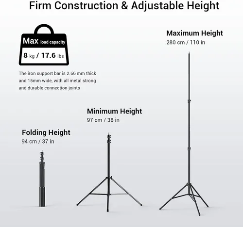 Vista 2 de SMALLRIG Soporte de luz para fotografía de 110 pulgadas/9.2 pies/280cm, soporte de trípode de aluminio acolchado con aire con tornillo de 1/4